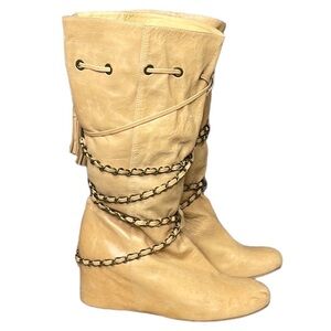 80%20 BOHO LEATHER STRAPPY WEDGE ABOVE THE CALF BOOTS IN TAN SZ 8